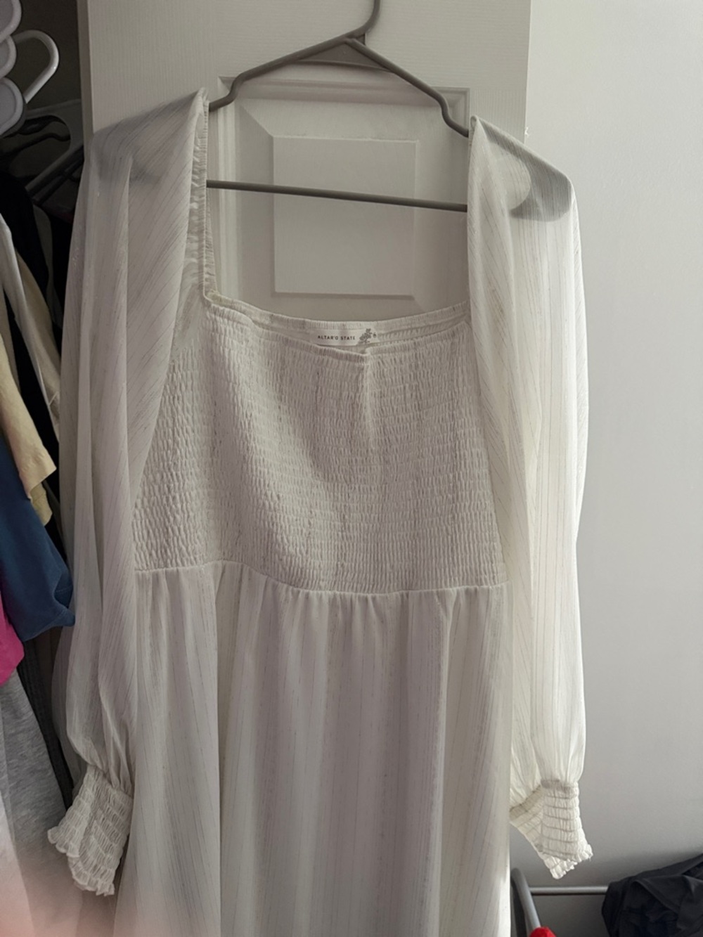 White Smocked Bodice Long Sleeve Dress